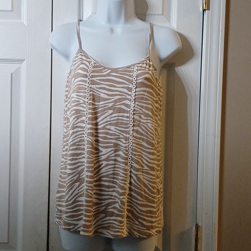 Versona tan white zebra striped adjustable strap tank top Sz XS NWOT